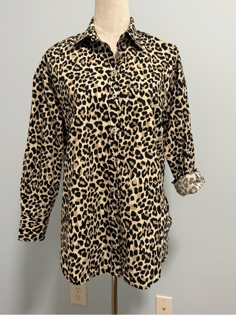 Maeve By‎ Anthropologie Loose Fit Long Sleeve Leopard Print Cotton Blouse Sz XXS